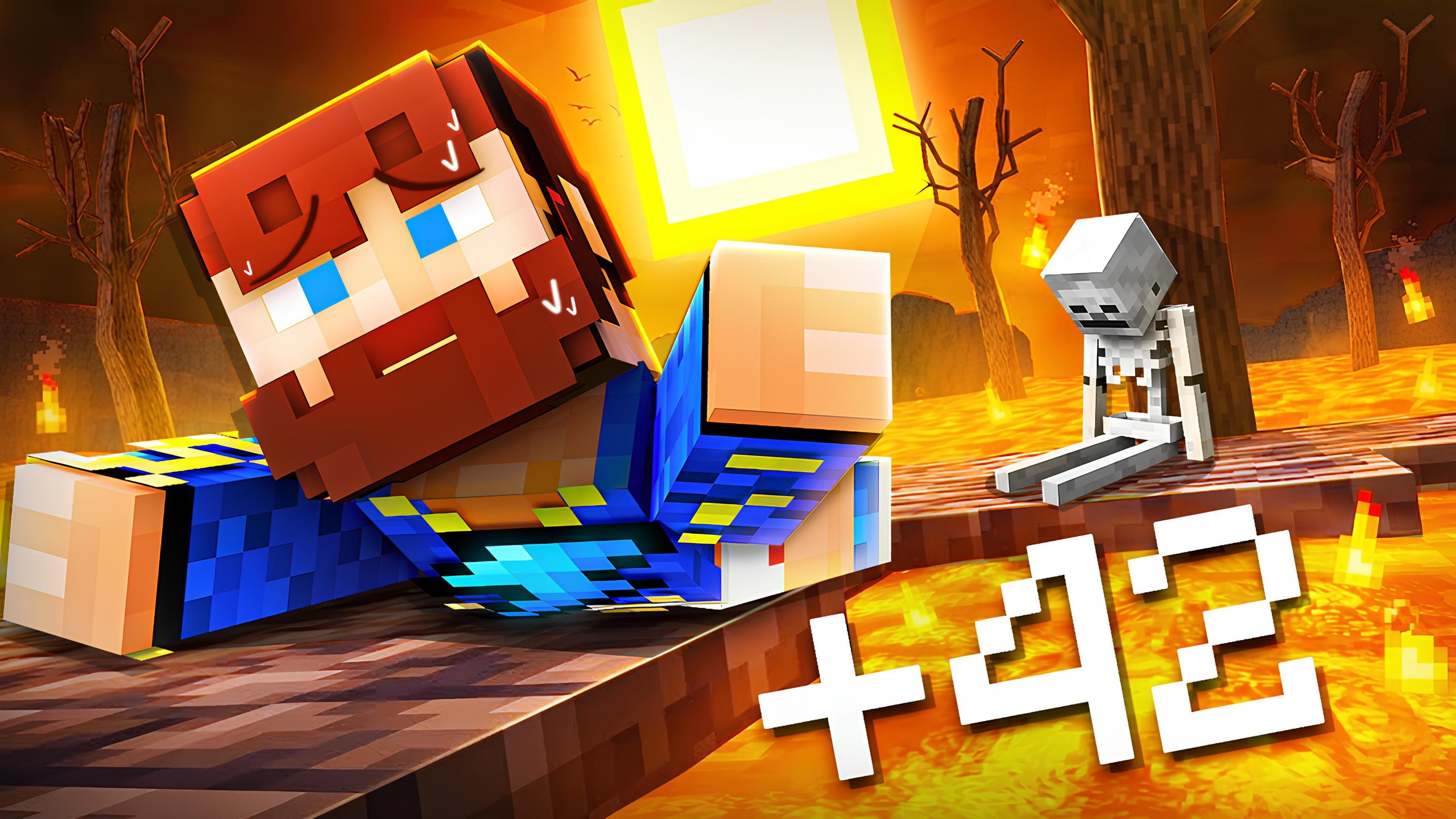 Minecraft thumbnail: a character lying on a log above lava next to a skeleton, with a big +42