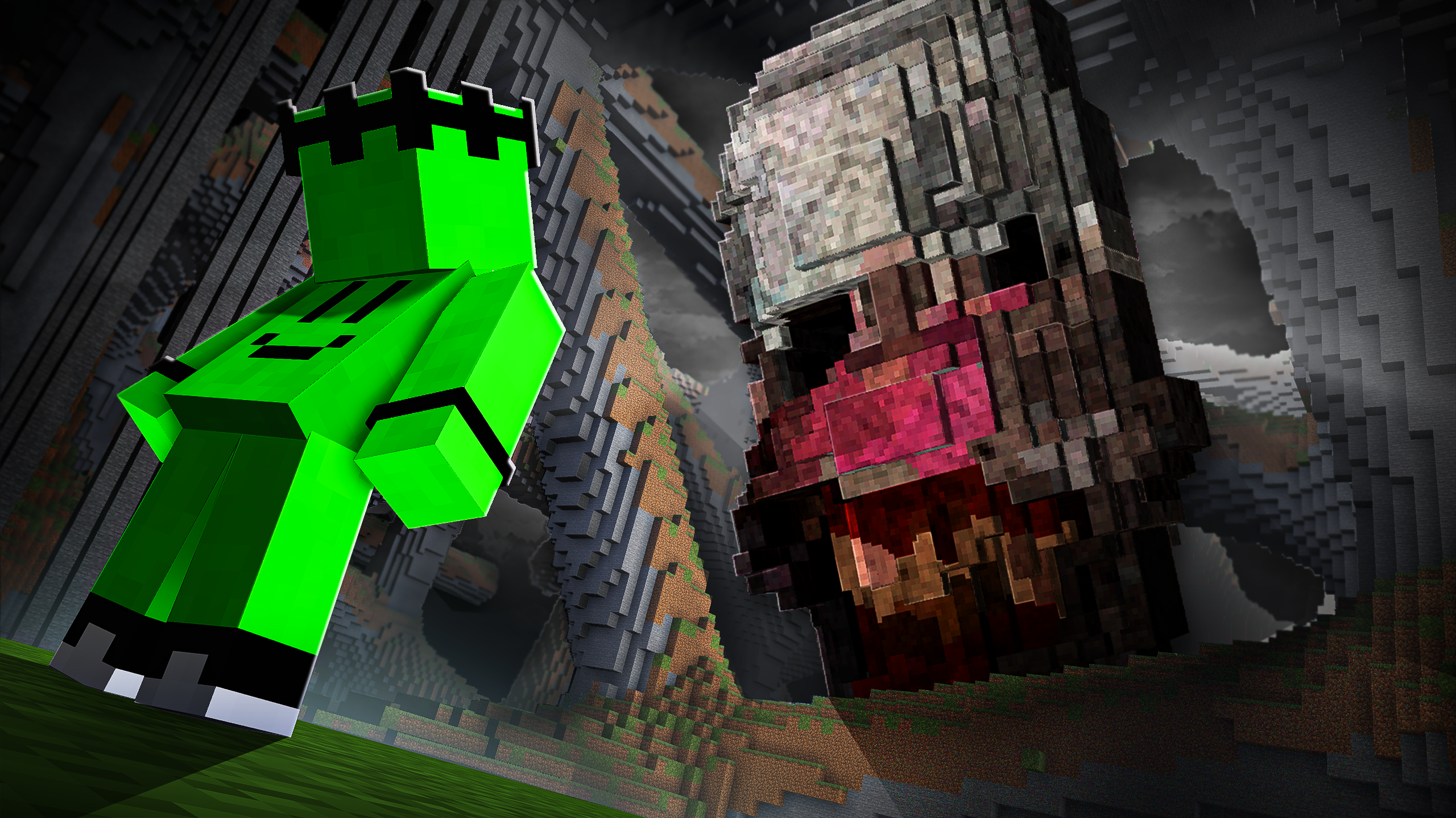 Minecraft thumbnail: a green character facing a giant monster in a cave