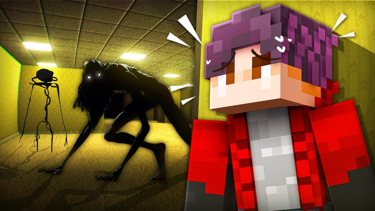 Minecraft thumbnail: a character peeks around a corner in the Backrooms with monsters behind