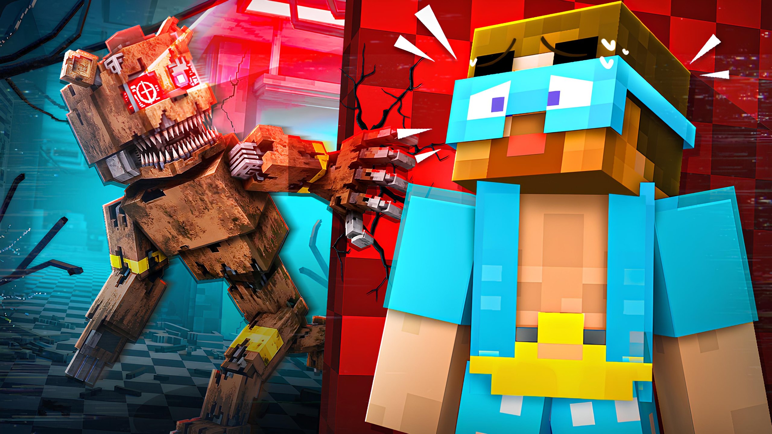 Minecraft thumbnail: an animatronic smashes through a red wall reaching for a scared character