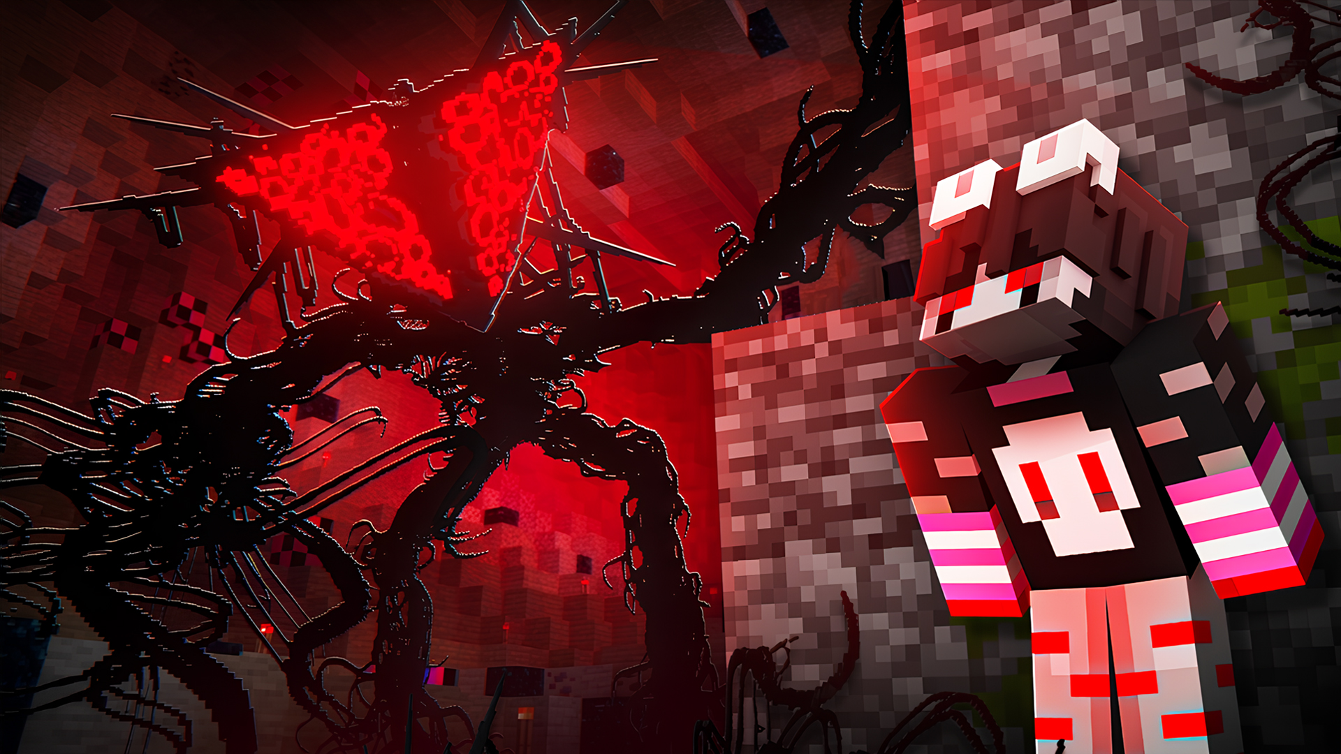 Minecraft thumbnail: a huge dark monster with red tentacles and a character by the wall
