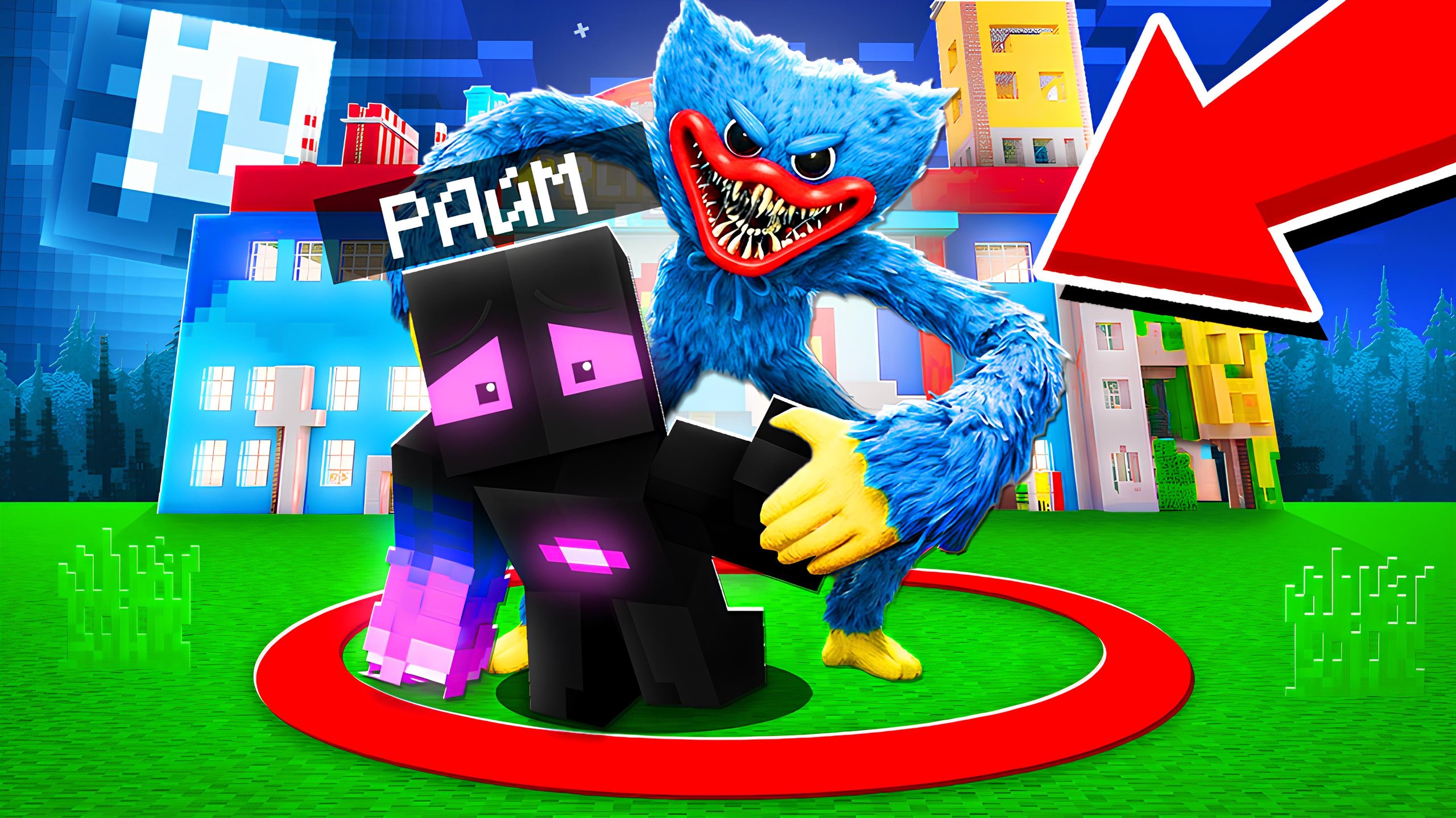 Minecraft thumbnail: Huggy Wuggy grabs the character Raim inside a red circle in front of a school